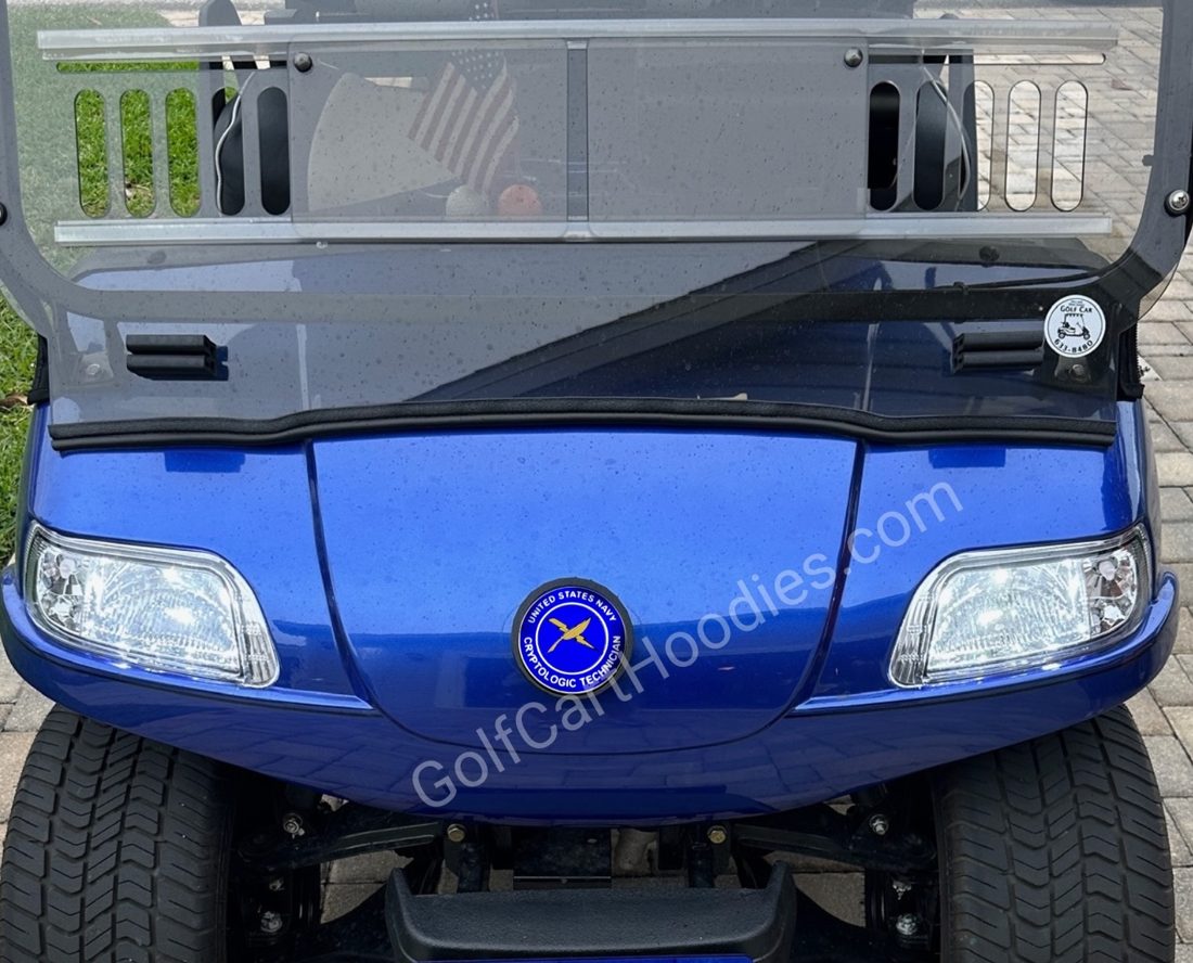 Navy Hoodie on the hood of a blue EVolution Classic