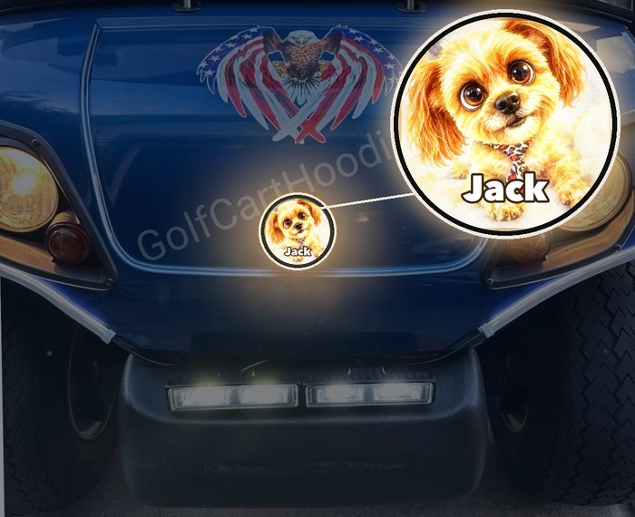 Jack's Hoodie glowing on the front center of a blue Yamaha golf cart