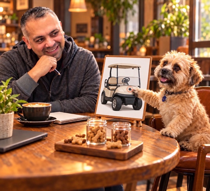 Jack pointing his paw at the emblem on a golf cart drawing